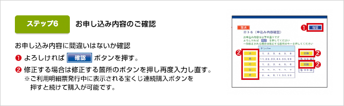 お申込内容に間違いはないか確認 ①よろしければ確認ボタンを押す。 ②修正する場合は修正する箇所のボタンを押し再度入力し直す。※ご利用明細票発行中に表示される宝くじ連続購入ボタンを押すと続けて購入が可能です。