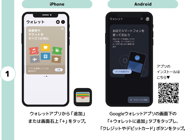 iPhone ウォレットアプリから「追加」または画面右上「＋」をタップ。 Android Googleウォレットアプリの画面下の「＋ウォレットに追加」タブをタップし、「クレジットやデビットカード」ボタンをタップ。