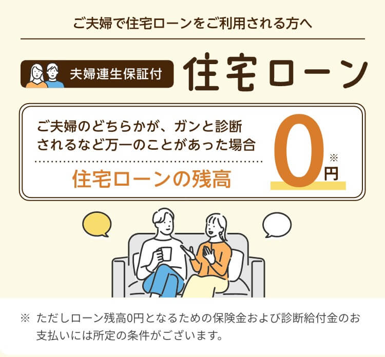 ご夫婦で住宅ローンをご利用される方へ 夫婦連生保証付住宅ローン ご夫婦のどちらかが、ガンと診断されるなど万一のことがあった場合 住宅ローンの残高 0円※